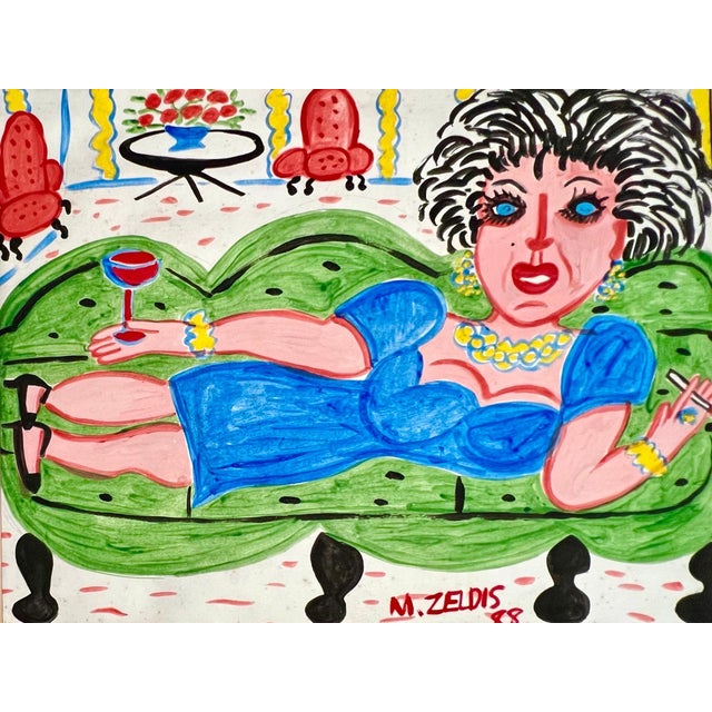 1980s Malcah Zeldis, Malcah Zeldis Folk Art Gouache Painting Wine & Cigarettes Woman Outsider Artist, 1988 For Sale - Image 5 of 8