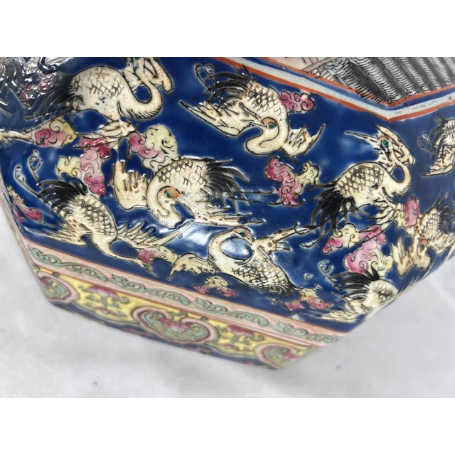 Paint Antique Chinese Blue & Yellow Porcelain Covered Serving Container (Storage / Gift Box) With Auspicious Cranes and Bats For Sale - Image 7 of 11