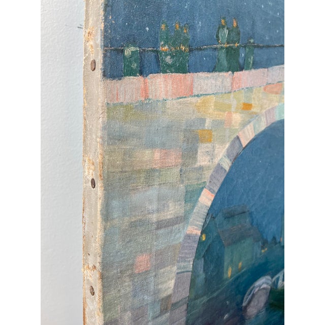 Vintage Oil on Canvas European River Town at Night For Sale - Image 12 of 14