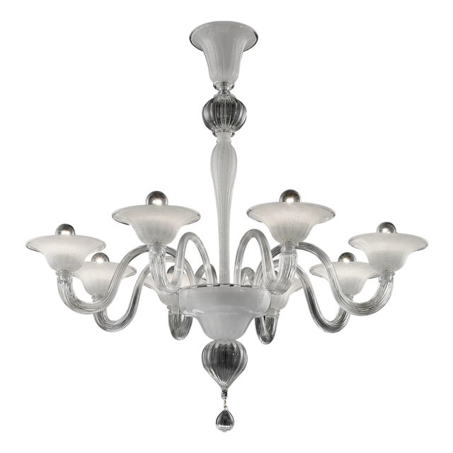 Modern Venetian Murano Glass Chandelier in Transparent and White Tones with Silver Leaf by Simoeng For Sale