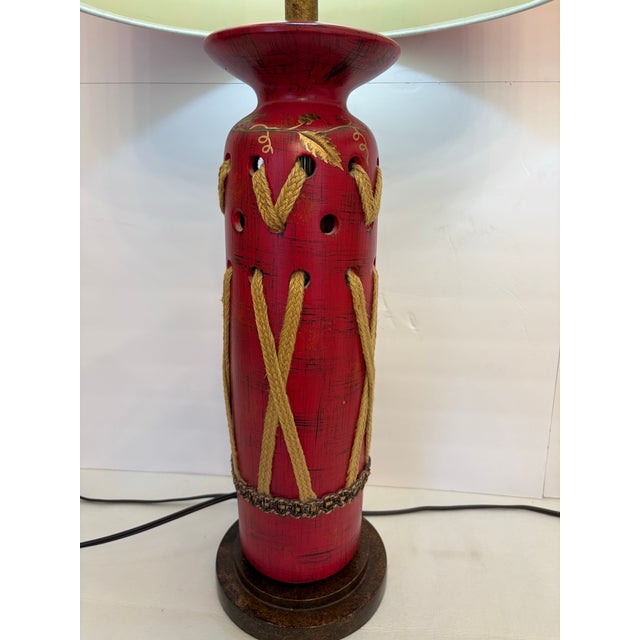 Vintage Hand-Painted Red Southwestern Ceramic Table Lamps - A Pair For Sale - Image 4 of 6