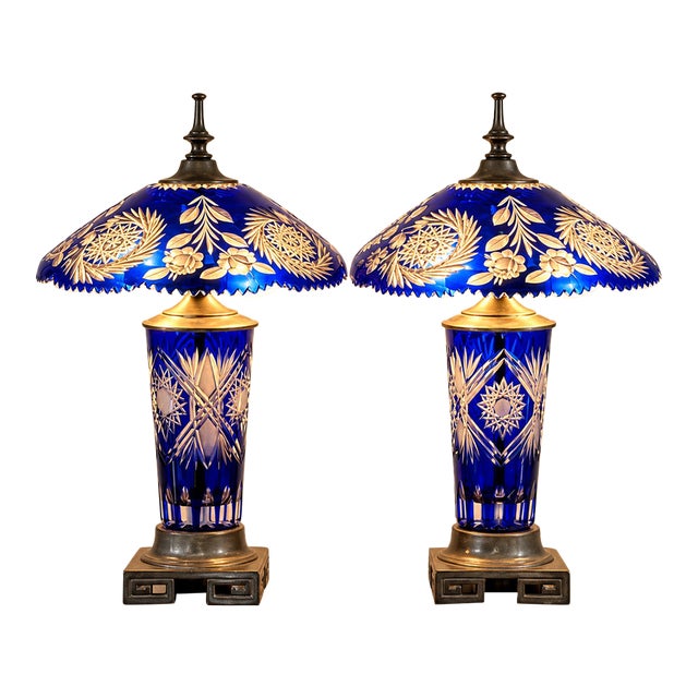 Pair of Cobalt Blue Cut-Glass Table Lamps With Floral Shades For Sale