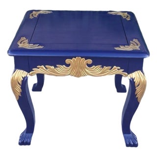 Upcycled Hollywood Regency Navy Blue & Gold Gilded Clawfoot Side Table For Sale
