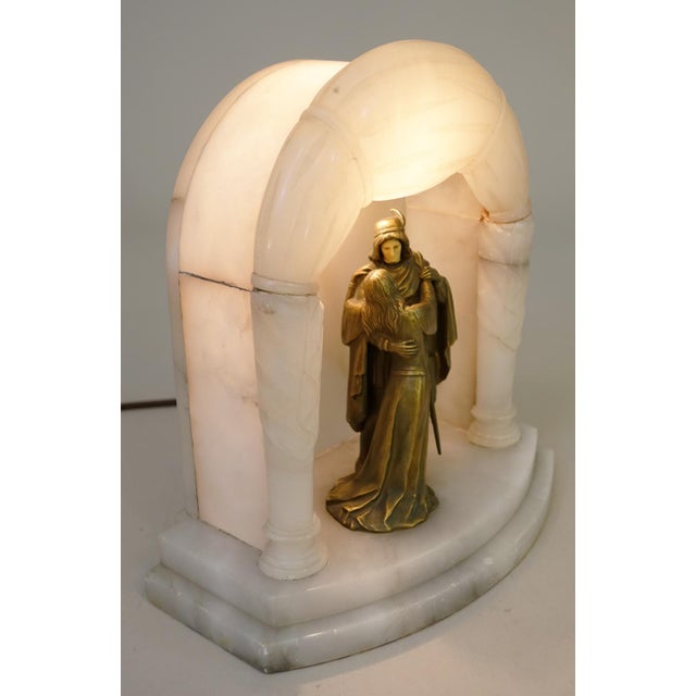 1920s 1920s Rare French Art Nouveau J. B. Hirsch Carved Alabaster Marble Bronze Table Lamp For Sale - Image 5 of 13