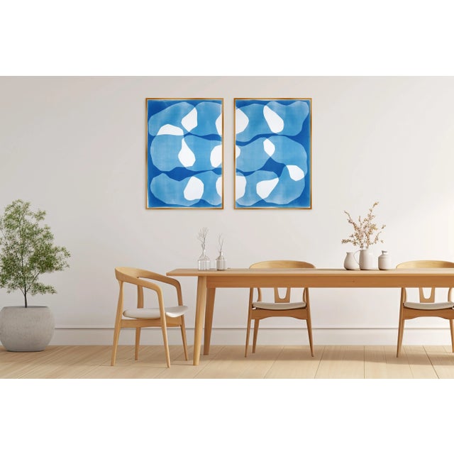 Art Deco 2025, Zig Zag Ovals Diptych, Unique Monotype Cyanotype, Biomorphic Art, Watercolor Paper by Kind of Cyan-Set of 2 For Sale - Image 3 of 9