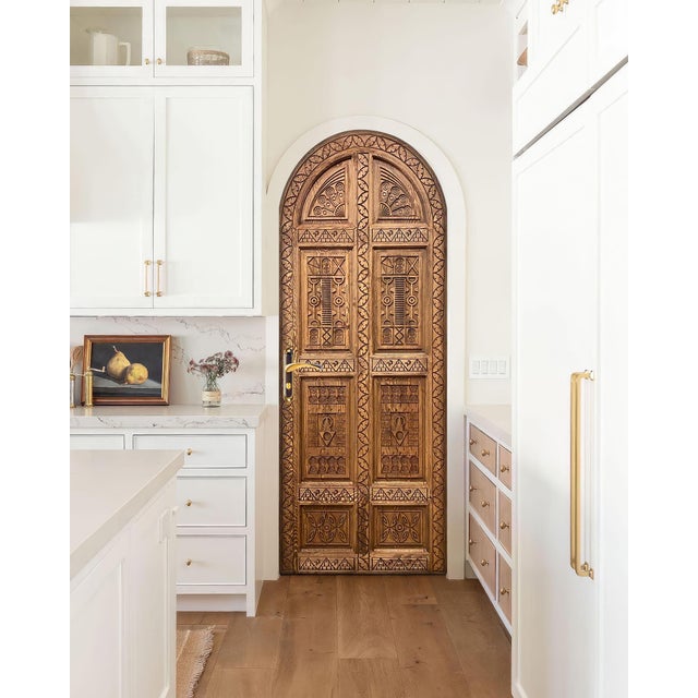 Hand-Carved Solid Wood Arched Door – Tribal Geometric Mediterranean Design For Sale - Image 6 of 10