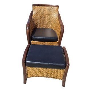 Vintage 1950s French Style Rattan and Wicker Club Chair With Matching Footrest For Sale