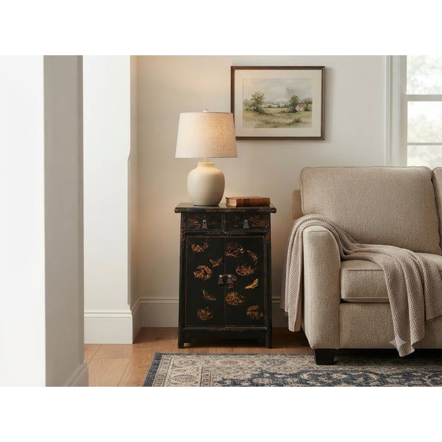 Distressed Black Golden Floral Graphic Tall Side End Table Cabinet For Sale In San Francisco - Image 6 of 14