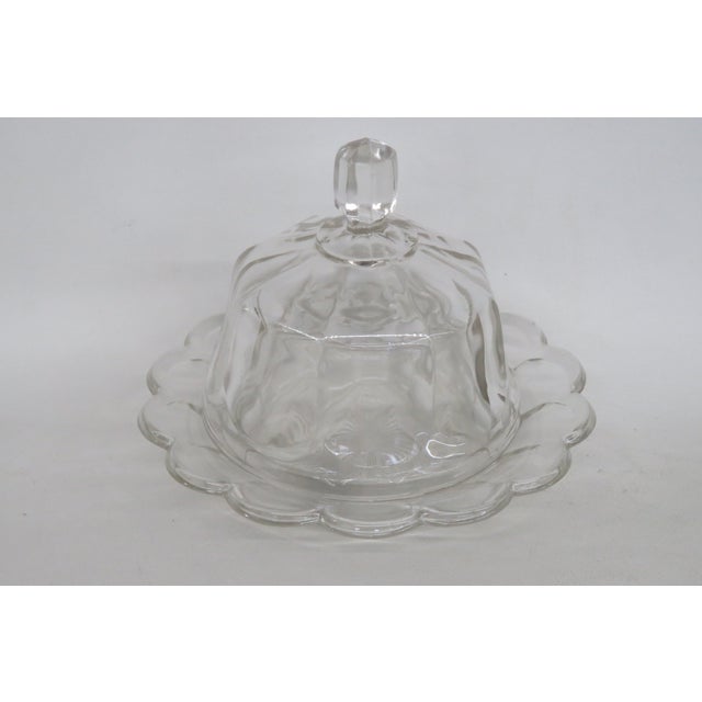 Mid 20th Century Clear Pressed Glass Covered Butter Cheese Serving Dish Petal Scalloped Rim For Sale - Image 12 of 16