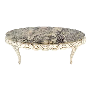 Braided Bezel Oval Marble Top White Pickle Finish French Provincial Coffee Table