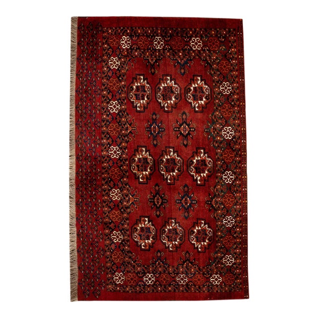 Antique Turkaman Handmade Red Tribal Wool Rug For Sale