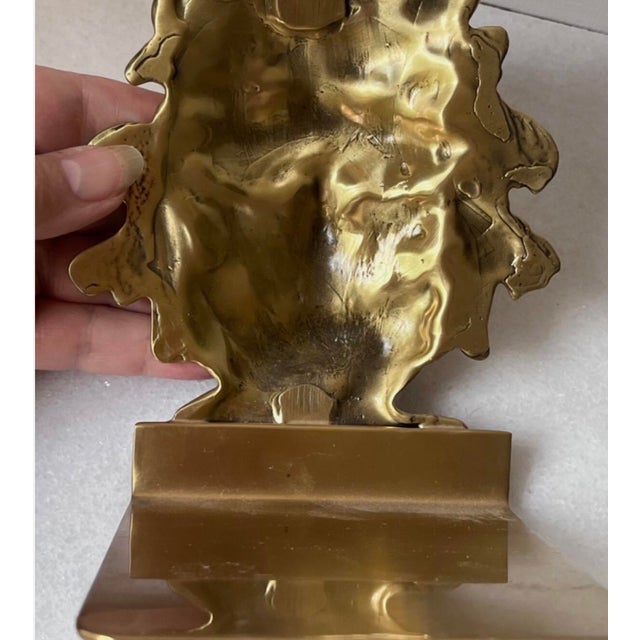 Gold Vintage Bookends Feature a Classic Golden-Brass Finish With a Deeply Detailed Mythological Male Face and Flowing Mane. For Sale - Image 8 of 9