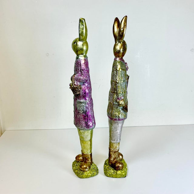 Late 20th Century Vintage Boho Chic Shabby Chic Foil Wrapped Plaster Tall Rabbits - A Pair - Easter For Sale - Image 5 of 14