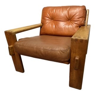 Mid-Century Brutalist Bonanza Armchair in Cognac Leather with Wooden Frame by Esko Pajamies, Finland, 1960s For Sale