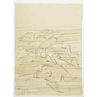 Mino Maccari, Swimmers Drawing, 1960s, Ink and Watercolor For Sale