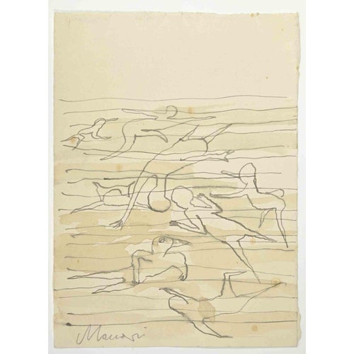 Mino Maccari, Swimmers Drawing, 1960s, Ink and Watercolor For Sale