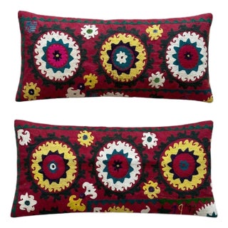 Hand Embroidered Suzani Bedding Pillow Cover 15'' X 33'' - Set of Two For Sale