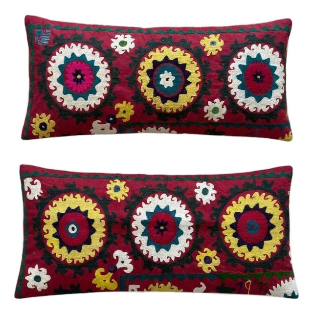 Hand Embroidered Suzani Bedding Pillow Cover 15'' X 33'' - Set of Two For Sale