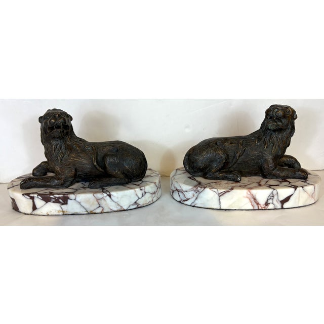 Neoclassical Style Italian Bronze Lions on Marble Sculptures For Sale - Image 4 of 5
