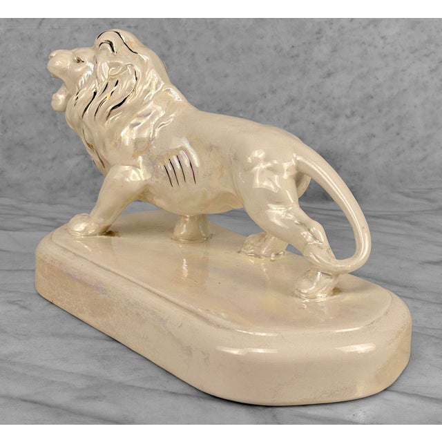 Vintage 12" Hollywood Regency White Luster Porcelain Lion Sculpture For Sale - Image 4 of 11
