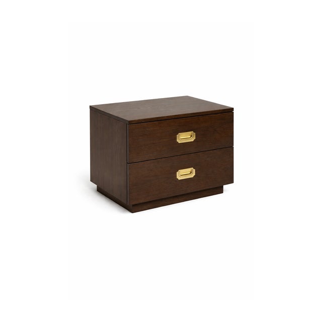 A refined pair of custom SABIN Lobero nightstands crafted in richly stained walnut with a clean, architectural silhouette....