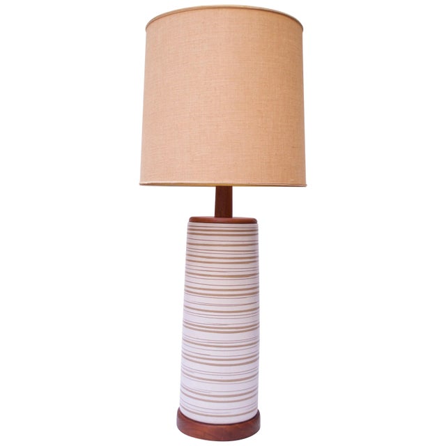 Large Gordon and Jane Martz Walnut and Ceramic Table Lamp with Finial For Sale - Image 13 of 13