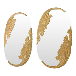 Vintage Italian Large Oval Mirrors With Wood Botanical Designs- A Pair