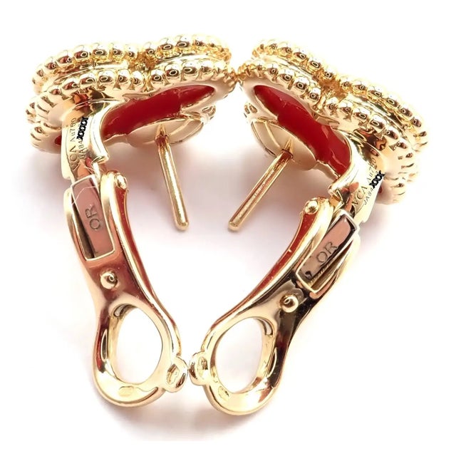 Metal Van Cleef & Arpels Vintage Alhambra Yellow Gold Red Agate Earrings, Pair For Sale - Image 7 of 11