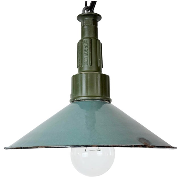 Industrial Petrol Enamel Military Pendant Lamp with Cast Aluminium Top, 1960s For Sale - Image 17 of 17