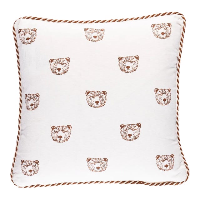 Schumacher x Marie-Chantal Bear Print 16" Pillow in Ivory For Sale