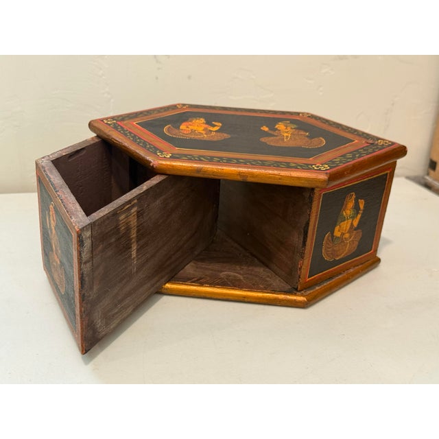 Vintage Hexagonal Hand Painted Wooden Indian Box Hidden Compartments For Sale In Phoenix - Image 6 of 12