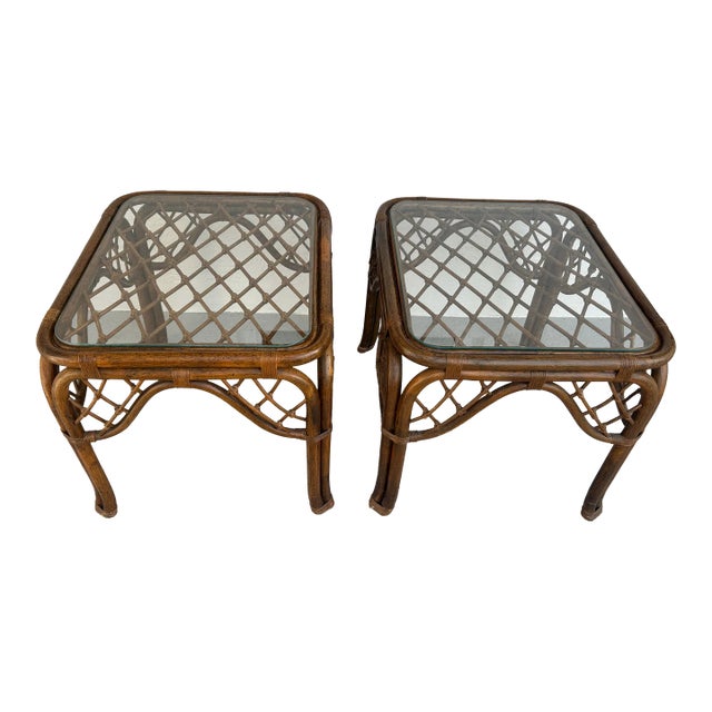 1980s Vintage Rattan and Glass Side Table a Pair For Sale