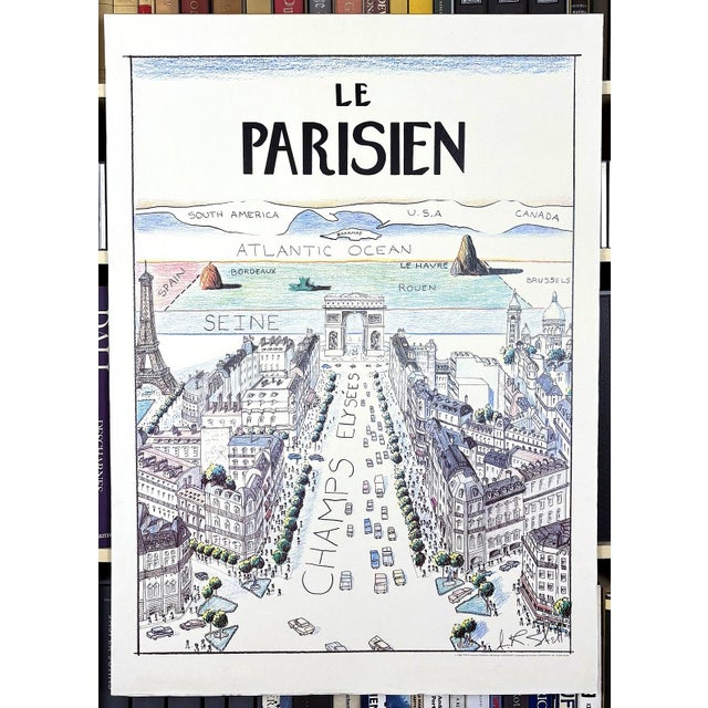 White The Parisian View of the World From the Champs Elysees a La Saul Steinberg Original 1984 Paris Poster For Sale - Image 8 of 8