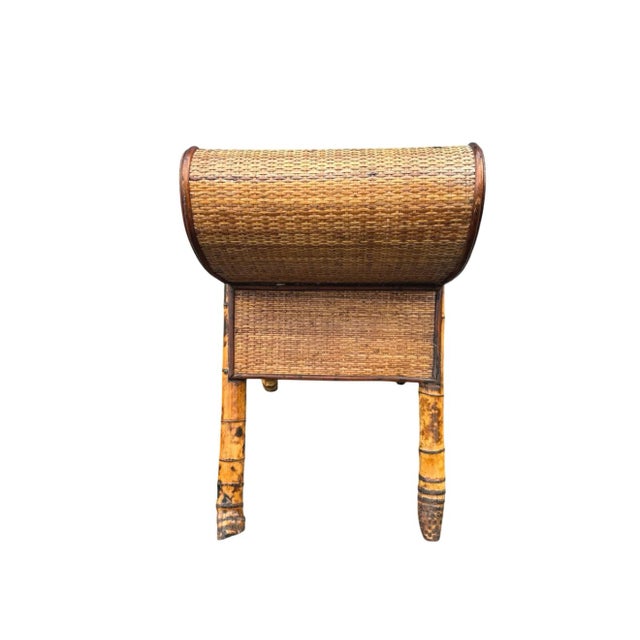 1970s Vintage Asian Style Burnt Bamboo Rattan Scroll Arm Bench Stool Seat For Sale - Image 5 of 10