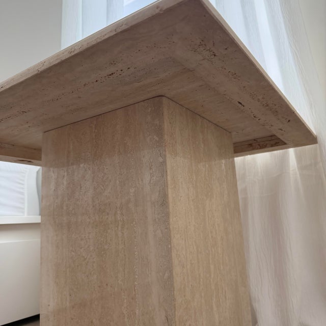 1980s Stone International Italy Travertine Pedestal Side Tables Set of 2 For Sale - Image 10 of 12