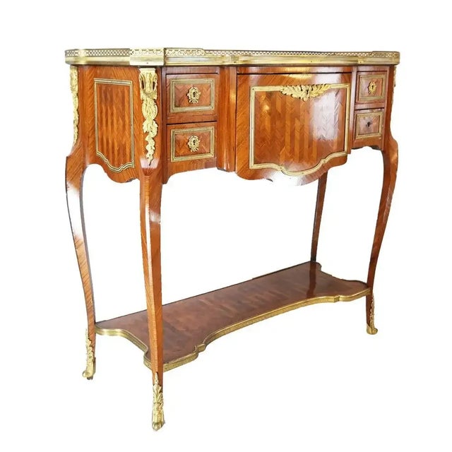 19th century kingwood parquetry and marble top serving table with rare dropfront secretary interior. Ormolu mounts and...