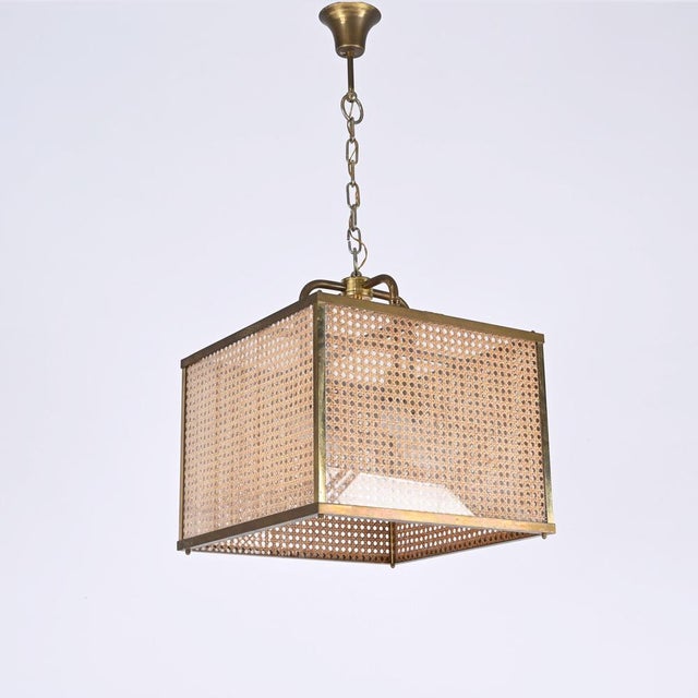 Vienna Straw Wicker, Glass Square & Brass Chandelier Lamp, Italy, 1950s For Sale - Image 9 of 17