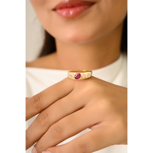 Modern 18k Solid Gold Art Deco Ruby and Diamond Statement Dome Ring Size 7 For Sale - Image 3 of 13