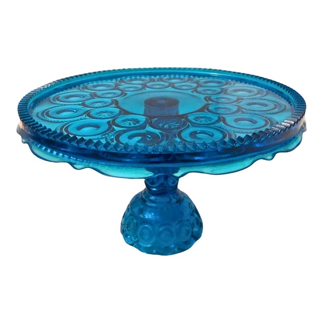 L E Smith Moon & Stars Cake Stand Peacock Blue For Sale
