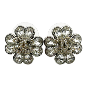 Chanel Gold CC Silver Clover Flower Pear Crystal Piercing Earrings, A Pair