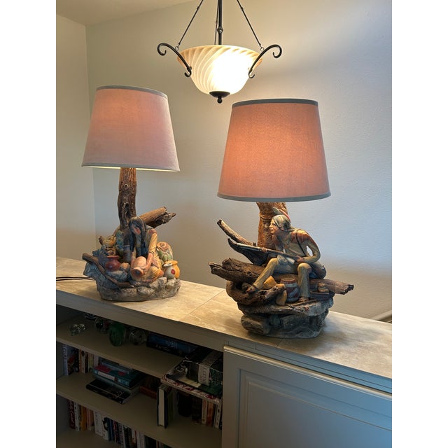 Vintage Apsit of California Set of 2 American Indian Scenes Chalk Lamps Fabulous rustic cabin or western decor! Shades are...