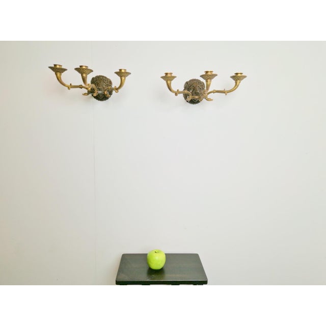 Metal 20th Century French Bronze & Brass Wall Sconces with Lion Heads, Set of 2 For Sale - Image 7 of 14