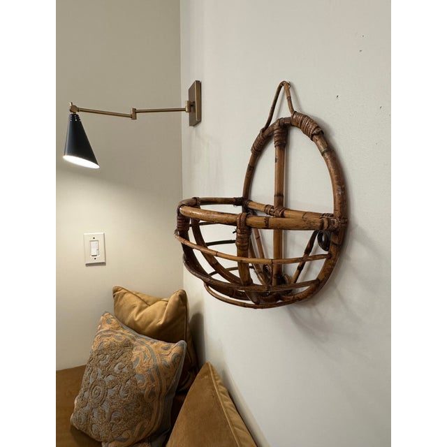Wood Boho Chic Bamboo & Rattan Round Wall Pocket For Sale - Image 7 of 12