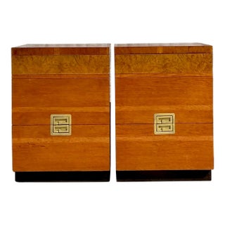 Vintage Midcentury Van Leigh Burl Wood Band Nighstands - A Pair For Sale