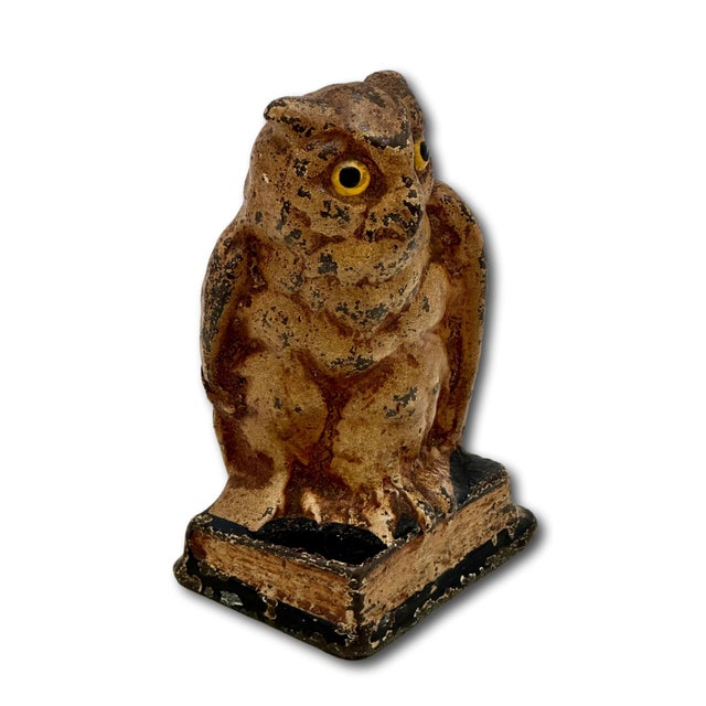 Unusual Antique American Cast Iron Wise Old Owl Sitting on a Book Figurative Doorstop - Circa 1920s. For Sale - Image 4 of 18