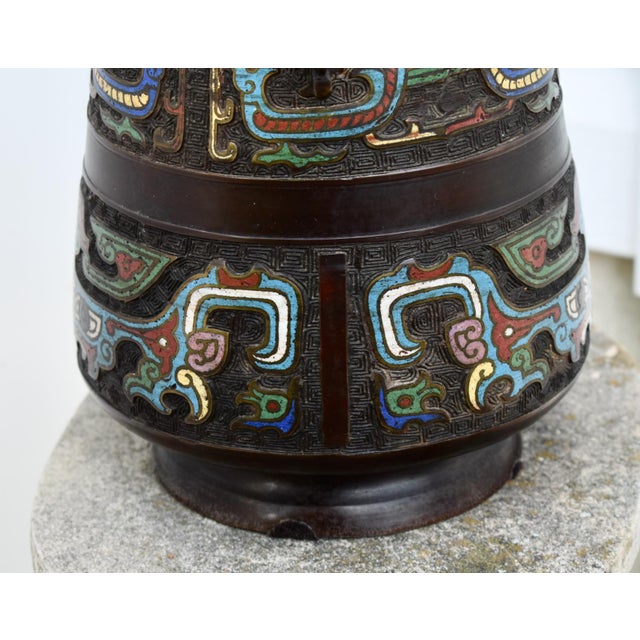 Antique Japanese Shaped Vase Bronze & Champleve Enamel Base For Sale - Image 4 of 12