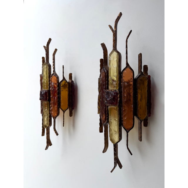 1970s Hammered Glass Wrought Iron Sconces by Longobard, Italy - a Pair For Sale - Image 12 of 13