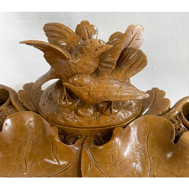 This Black Forest carved wood inkwell desk tray features oak leaf & sparrows. Sparrows flip open in hinges to reveal small...