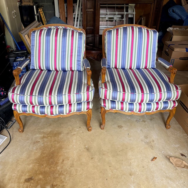 Pair Striped Baker Bergères For Sale - Image 11 of 11