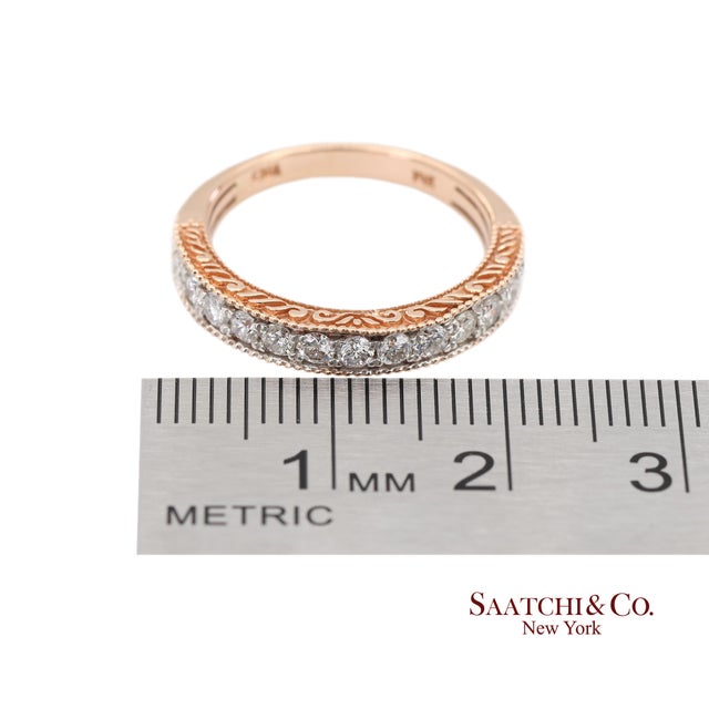 14k 585 Rose Gold Natural Diamond Milgrain Engraved Band Ring, Size 6.25 For Sale - Image 10 of 12